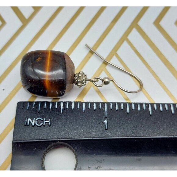 Lot of 2 Drop Dangle Natural Stone Pink & Tiger Eye Pierced Hook Earrings 1.25" - Picture 9 of 9